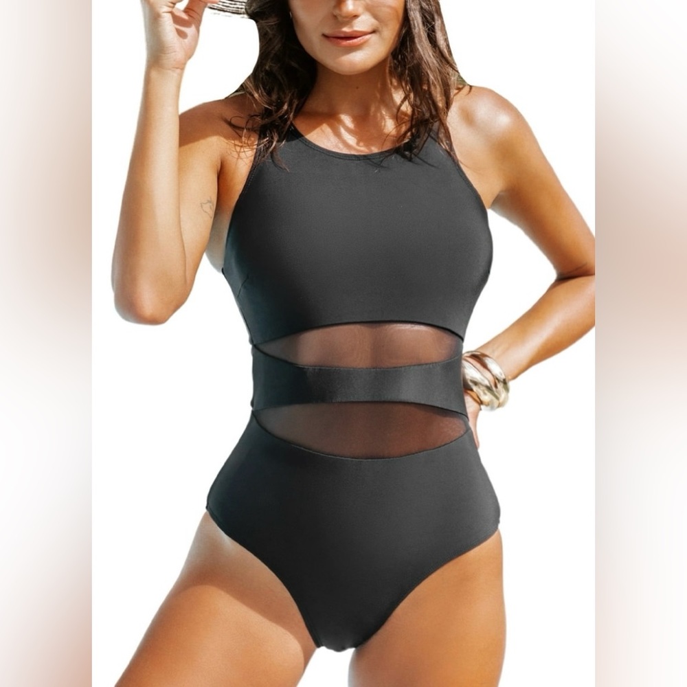 O.B.O- NWT One Piece Cut Out Mesh Black Bathing Suit